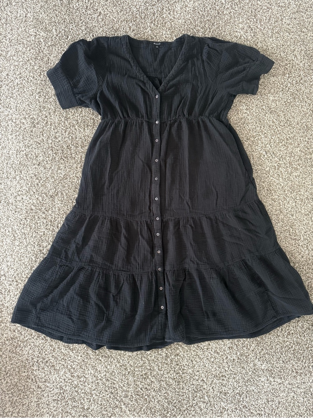 Madewell Black Button-Front Tiered 100% Cotton Gauze Midi/Maxi Dress